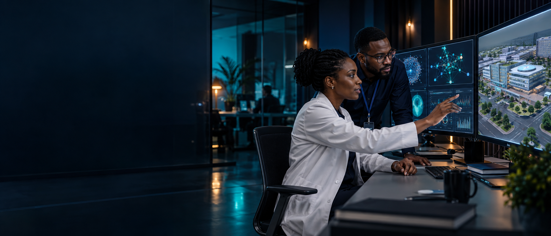 Nigerian research and systems professionals collaborating with scientific, network and hospital-simulation technology
